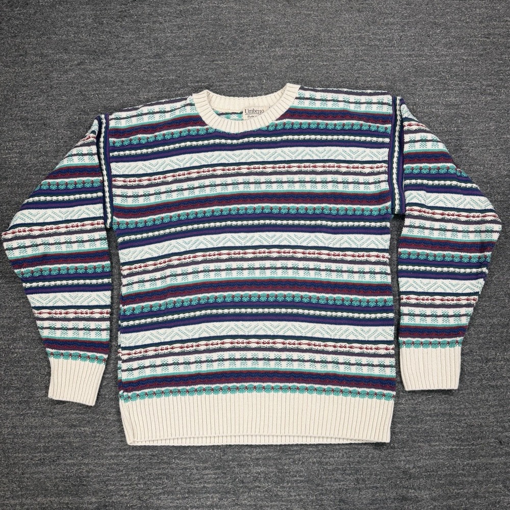 Vintage Umberto Sweater Men Medium Colorful 3D Knit Cotton Geometric 90s USA